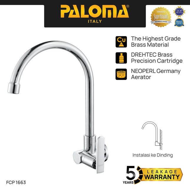PALOMA FCP 1663 Kran Sink Leher Angsa Keran Dapur Kran Cuci Tangan Kran Air Sink Tembok Dinding Wall Brass Kuningan Chrome Krom