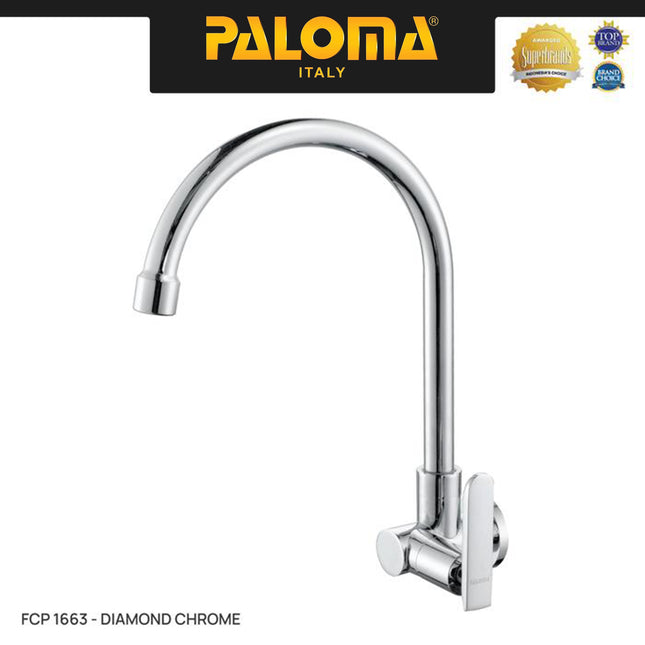 PALOMA FCP 1663 Kran Sink Leher Angsa Keran Dapur Kran Cuci Tangan Kran Air Sink Tembok Dinding Wall Brass Kuningan Chrome Krom