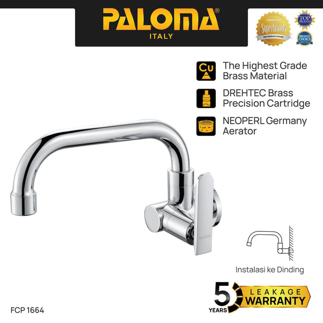 PALOMA FCP 1664 Kran Sink Bebek Keran Dapur Kitchen Keran Wastafel Kran Cuci Tangan Kran Air Sink Tembok Dinding Wall Brass Kuningan Chrome Krom