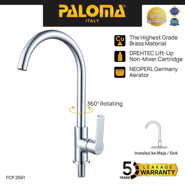 Kran Sink Leher Angsa PALOMA FCP 2561 Chrome Krom Keran Dapur Kran Cuci Piring Kran Tembok Dinding Wall Brass Kuningan