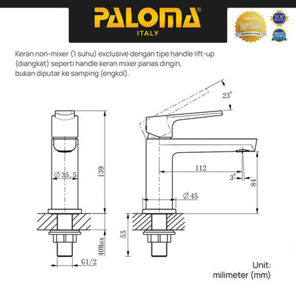 PALOMA FCP 2581 Keran Wastafel Kran Kithen Dapur Keran Cuci Piring Kran Air Sink Mixer Panas Dingin Cold Hot Brass Kuningan Diamond Chrome Krom