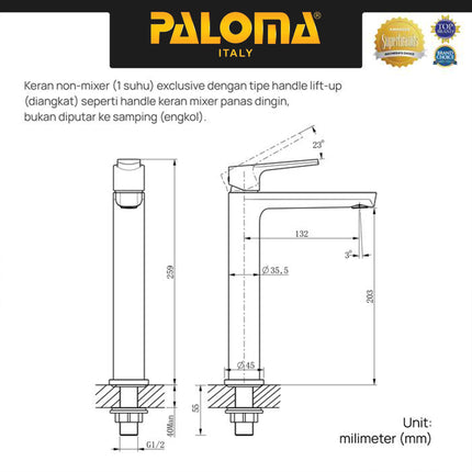 PALOMA FCP 2583 Keran Wastafel Tinggi Bambu Keran Tanam Keran Cuci Tangan Keran Kamar Mandi Brass Kuningan Chrome Krom