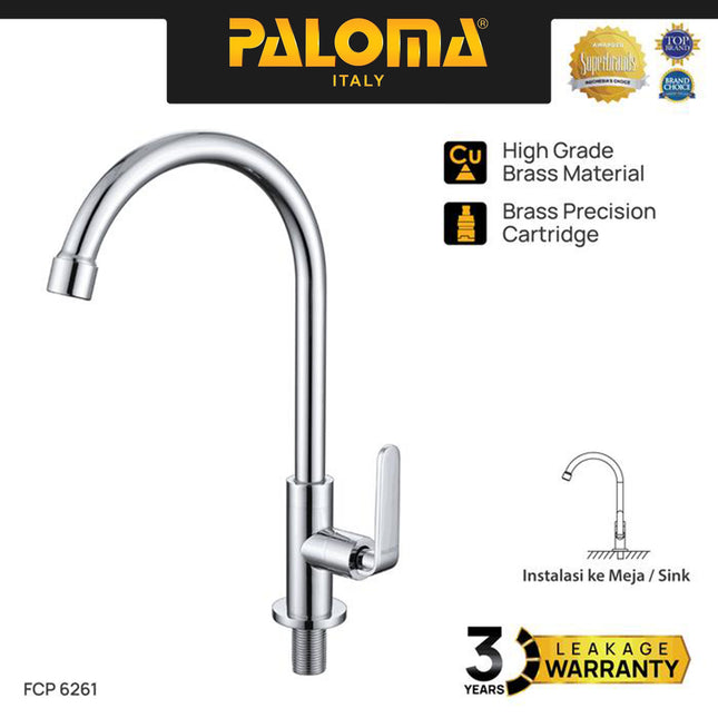 PALOMA FCP 6261 Kran Cuci Piring Kran Air Sink Kran Leher Angsa Tembok Dinding Wall Brass Kuningan Chrome Krom
