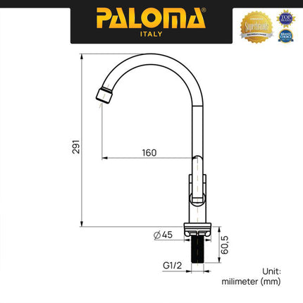 PALOMA FCP 6261 Kran Cuci Piring Kran Air Sink Kran Leher Angsa Tembok Dinding Wall Brass Kuningan Chrome Krom