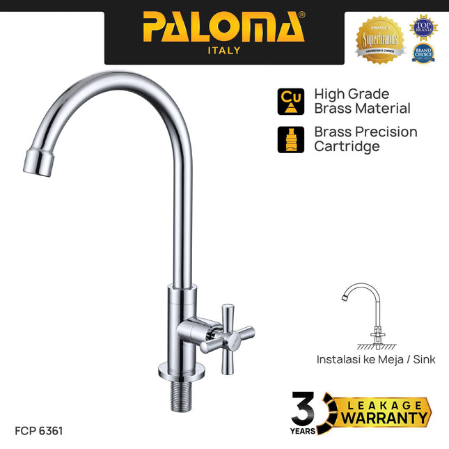 Kran Sink Leher Angsa PALOMA FCP 6361 Chrome Keran Dapur Kran Cuci Tangan Kran Air Sink Tembok Dinding Wall Brass Kuningan Krom