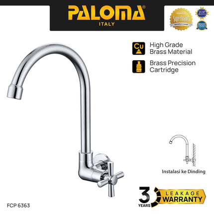 PALOMA FCP 6363 Kran Sink Leher Angsa Keran Dapur Kran Cuci Piring Kran Air Sink Tembok Dinding Wall Brass Kuningan Chrome Krom