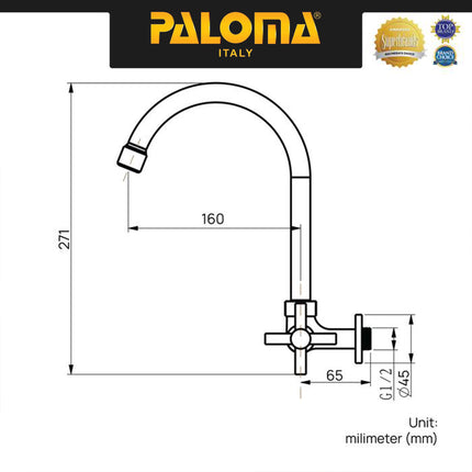 PALOMA FCP 6363 Kran Sink Leher Angsa Keran Dapur Kran Cuci Piring Kran Air Sink Tembok Dinding Wall Brass Kuningan Chrome Krom