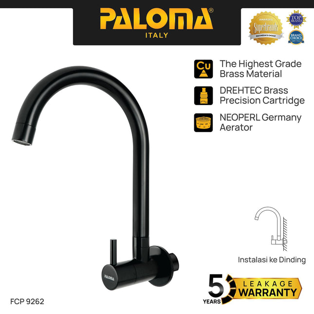 PALOMA FCP 9262 Kran Sink Leher Angsa Keran Dapur Kran Cuci Piring Kran Air Sink Tembok Dinding Wall Brass Kuningan Black Hitam