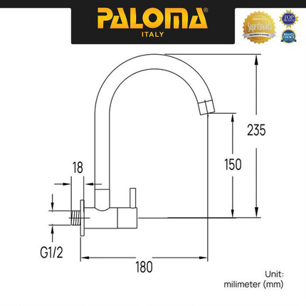 PALOMA FCP 9262 Kran Sink Leher Angsa Keran Dapur Kran Cuci Piring Kran Air Sink Tembok Dinding Wall Brass Kuningan Black Hitam