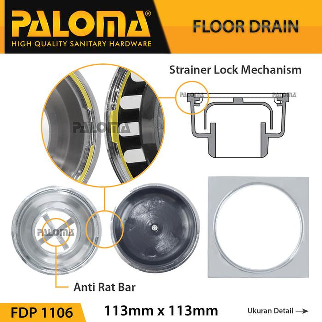 PALOMA FDP 1106 Floor Drain Strainer Saringan Got Kamar Mandi Anti Bau Brass Kuningan Diamond Chrome Silver Grey Abu
