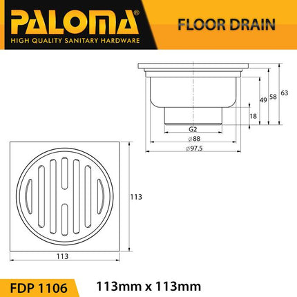 PALOMA FDP 1106 Floor Drain Strainer Saringan Got Kamar Mandi Anti Bau Brass Kuningan Diamond Chrome Silver Grey Abu
