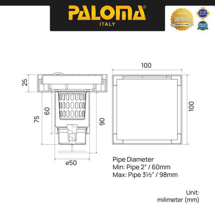 PALOMA FDP 2201 Floor Drain Saringan Got Kamar Mandi Floor Strainer Lubang Pembuangan Air Kamar Mandi Anti Bau Stainless Steel SUS 304 Satin DuraShield Matte Black Silver Grey Abu Hitam FDP 2201SD FDP 2201MB