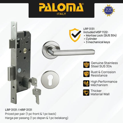 PALOMA Gagang Pintu Door Handle Pintu Roses Lever Engkol Pisah Misah Paket Kunci Pintu Lockset Lock Set Complete Komplit Stainless Steel SUS 304 Satin HRP LRP 3131