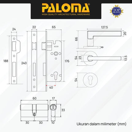 PALOMA Gagang Pintu Door Handle Pintu Roses Lever Engkol Pisah Misah Paket Kunci Pintu Lockset Lock Set Complete Komplit Stainless Steel SUS 304 Satin HRP LRP 3131