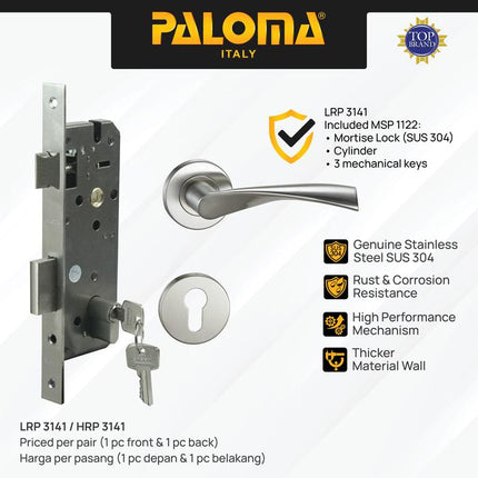 PALOMA Gagang Pintu Door Handle Pintu Roses Lever Engkol Pisah Misah Paket Kunci Pintu Lockset Lock Set Complete Komplit Stainless Steel SUS 304 Satin HRP LRP 3141