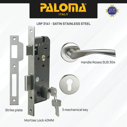 PALOMA Gagang Pintu Door Handle Pintu Roses Lever Engkol Pisah Misah Paket Kunci Pintu Lockset Lock Set Complete Komplit Stainless Steel SUS 304 Satin HRP LRP 3141