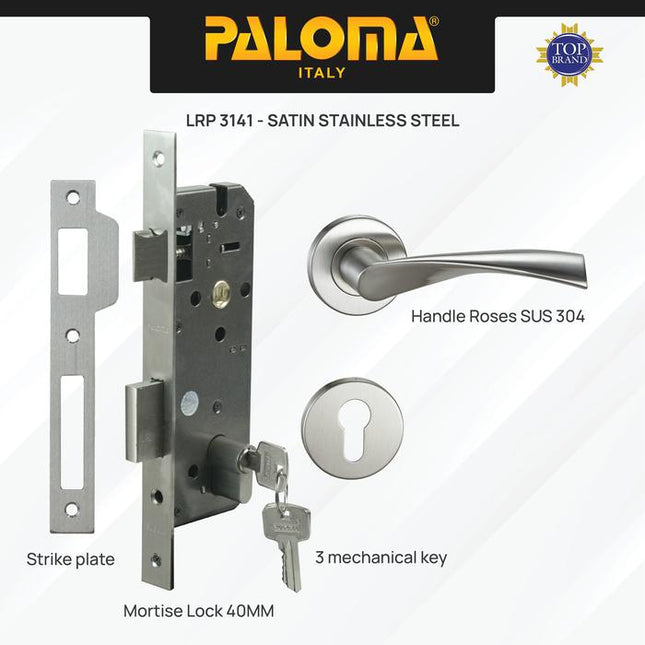 PALOMA Gagang Pintu Door Handle Pintu Roses Lever Engkol Pisah Misah Paket Kunci Pintu Lockset Lock Set Complete Komplit Stainless Steel SUS 304 Satin HRP LRP 3141
