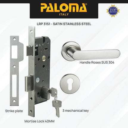PALOMA Gagang Pintu Door Handle Pintu Roses Lever Engkol Pisah Misah Paket Kunci Pintu Lockset Lock Set Complete Komplit Stainless Steel SUS 304 Satin HRP LRP 3151