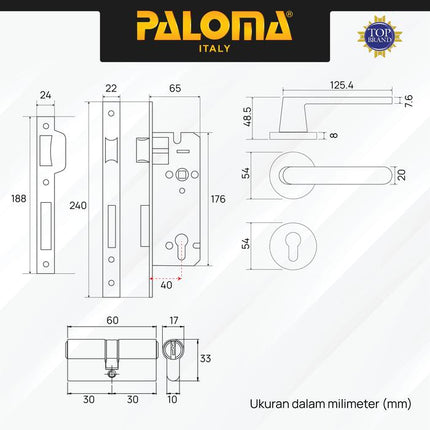 PALOMA Gagang Pintu Door Handle Pintu Roses Lever Engkol Pisah Misah Paket Kunci Pintu Lockset Lock Set Complete Komplit Stainless Steel SUS 304 Satin HRP LRP 3151