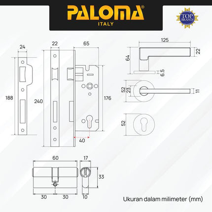PALOMA Gagang Pintu Door Handle Pintu Roses Lever Engkol Pisah Misah Paket Kunci Pintu Lockset Lock Set Complete Komplit Superalum Lite Chrome Silver Black Grey Gold Hitam Abu Emas HRP LRP 8151