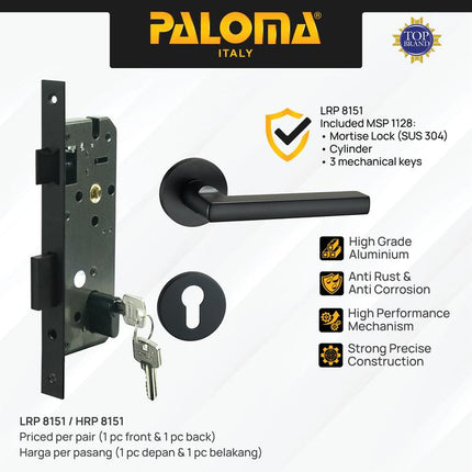 PALOMA Gagang Pintu Door Handle Pintu Roses Lever Engkol Pisah Misah Paket Kunci Pintu Lockset Lock Set Complete Komplit Superalum Lite Chrome Silver Black Grey Gold Hitam Abu Emas HRP LRP 8151