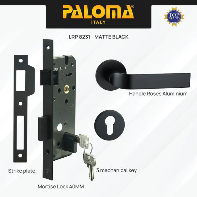 PALOMA Gagang Pintu Door Handle Pintu Roses Lever Engkol Pisah Misah Paket Kunci Pintu Lockset Lock Set Complete Komplit Superalum Lite Chrome Silver Black Grey Gold Hitam Abu Emas HRP LRP 8231