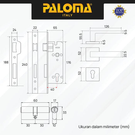 PALOMA Gagang Pintu Door Handle Pintu Roses Lever Engkol Pisah Misah Paket Kunci Pintu Lockset Lock Set Complete Komplit Superalum Lite Chrome Silver Black Grey Gold Hitam Abu Emas HRP LRP 8221