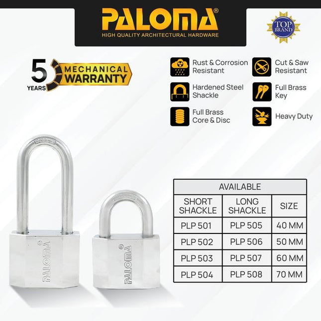 PALOMA Gembok Padlock Pagar Loker Kunci Pintu Leher Panjang Pendek Shackle Long Short Baja Hardened Steel Chrome Krom Silver Grey Abu PLP 501 502 503 504 505 506 507 508