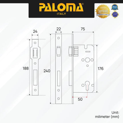 PALOMA MSP 1238 Body Kunci Set Cylinder Kunci Pintu Lockcase Badan Body Roller Pelor Stainless Steel SUS 304 SUS304 Matte Black Hitam