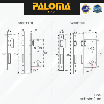 PALOMA Mortise Lock Kunci Pintu Lockcase Badan Body Roller Pelor MLP 5