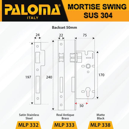 PALOMA Mortise Lock Kunci Pintu Lockcase Badan Body Swing MLP 3