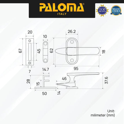PALOMA RBP Rambuncis Kunci Pengunci Penahan Jendela Rumah Window Slot Kunci Grendel Gerendel Brass Kuningan Gold Silver Grey Antique Black Emas Abu Antik Hitam RBP 611 RBP 612 RBP 614 RBP 615