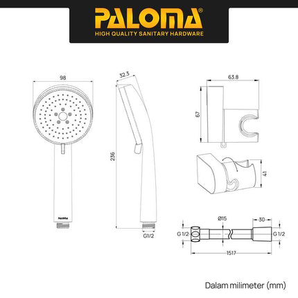 PALOMA SSP 2309 Shower Set Handshower Mandi Hand Shower Head Kepala Shower Genggam Sower 3 Mode Paket ABS Chrome Gunmetal Gun Metal Grey Black Gold Silver Abu Hitam Emas SSP 2309CP SSP 2309GM SSP 2309MB SSP 2309SG