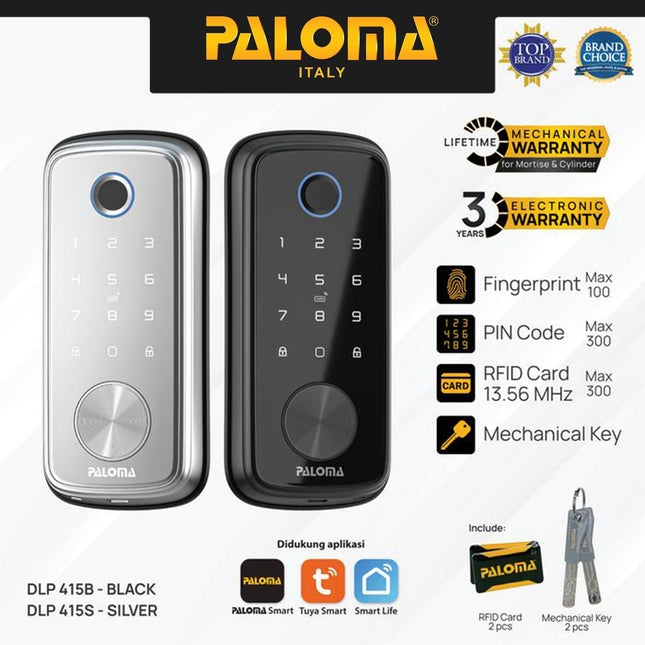 PALOMA Smart Lock Kunci Pintu Digital Deadbolt Smart Door Lock Smart Home Kunci Pintar Dead Bolt Grendel Slot Tuya WiFi Silver White Black Putih Hitam DLP 415B DLP 415S