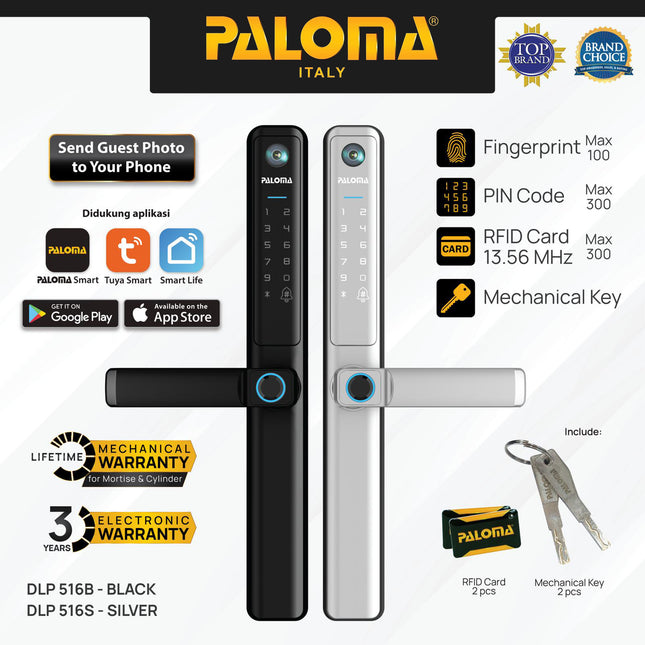 PALOMA Smart Lock Kunci Pintu Digital Slim Door Frame Aluminium Smart Door Lock Smart Home Kunci Pintar Door Viewer Camera Tuya WiFi Silver White Black Putih Hitam DLP 516B DLP 516S