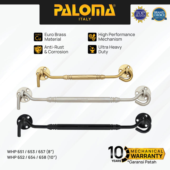 PALOMA WHP Penahan Hak Angin Jendela Window Hook 8" 10" inch Brass Kuningan Gold Silver Grey Black Emas Abu Hitam WHP 651 652 653 654 657 658