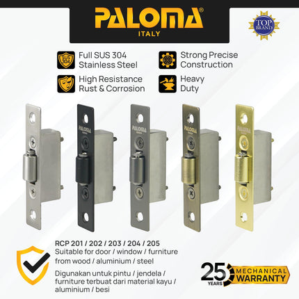 PALOMA Roller Catch Pelor Pintu Mata Ayam Latch Door Catches Badan Body Mortise Penahan Pintu Jendela Stainless Steel SUS 304 SUS304 Satin Black Gold Gunmetal Gun Metal Antique Abu Hitam Emas Antik RCP 201 202 203 204 205