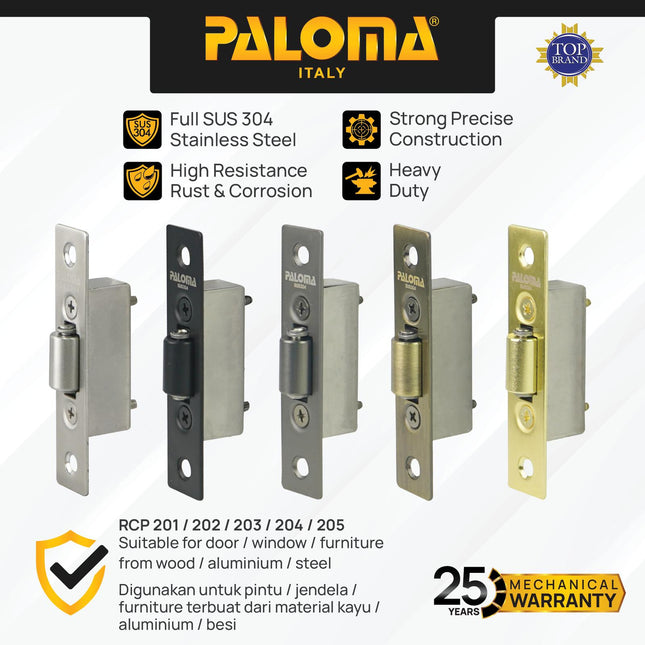 PALOMA Roller Catch Pelor Pintu Mata Ayam Latch Door Catches Badan Body Mortise Penahan Pintu Jendela Stainless Steel SUS 304 SUS304 Satin Black Gold Gunmetal Gun Metal Antique Abu Hitam Emas Antik RCP 201 202 203 204 205