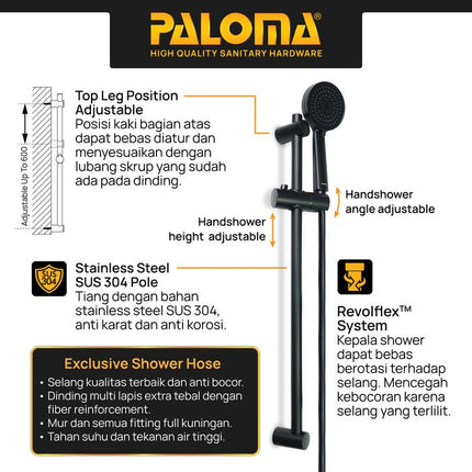PALOMA SSP 1108 Shower Set Tiang Handshower Mandi Hand Shower Head Kepala Shower Genggam Pole Bar 3 Mode Paket ABS Chrome Gunmetal Gun Metal Grey Black Gold Silver Abu Hitam Emas SSP 1108CP SSP 1108MB SSP 1108GM SSP 1108SG