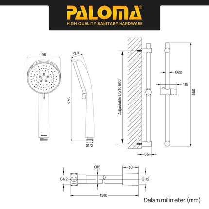 PALOMA SSP 1108 Shower Set Tiang Handshower Mandi Hand Shower Head Kepala Shower Genggam Pole Bar 3 Mode Paket ABS Chrome Gunmetal Gun Metal Grey Black Gold Silver Abu Hitam Emas SSP 1108CP SSP 1108MB SSP 1108GM SSP 1108SG
