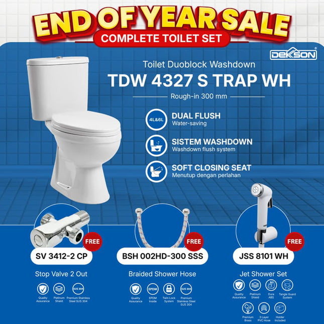 Kloset Toilet Duoblock Washdown Dekkson TDW 4327 S Trap WH FREE Stop Valve 2 Out - Shower Hose - Jet Shower Set