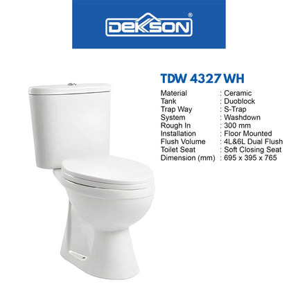Kloset Toilet Duoblock Washdown Dekkson TDW 4327 S Trap WH FREE Stop Valve 2 Out - Shower Hose - Jet Shower Set