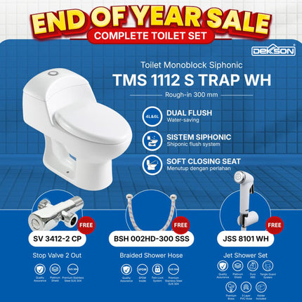 Kloset Toilet Monoblock Siphonic TMS 1112 S Trap WH FREE Stop Valve 2 Out - Shower Hose - Jet Shower Set