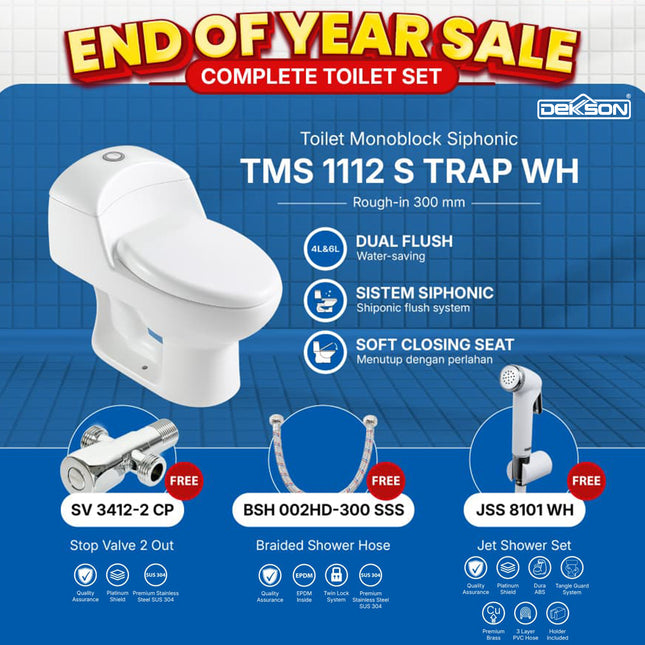 Kloset Toilet Monoblock Siphonic TMS 1112 S Trap WH FREE Stop Valve 2 Out - Shower Hose - Jet Shower Set