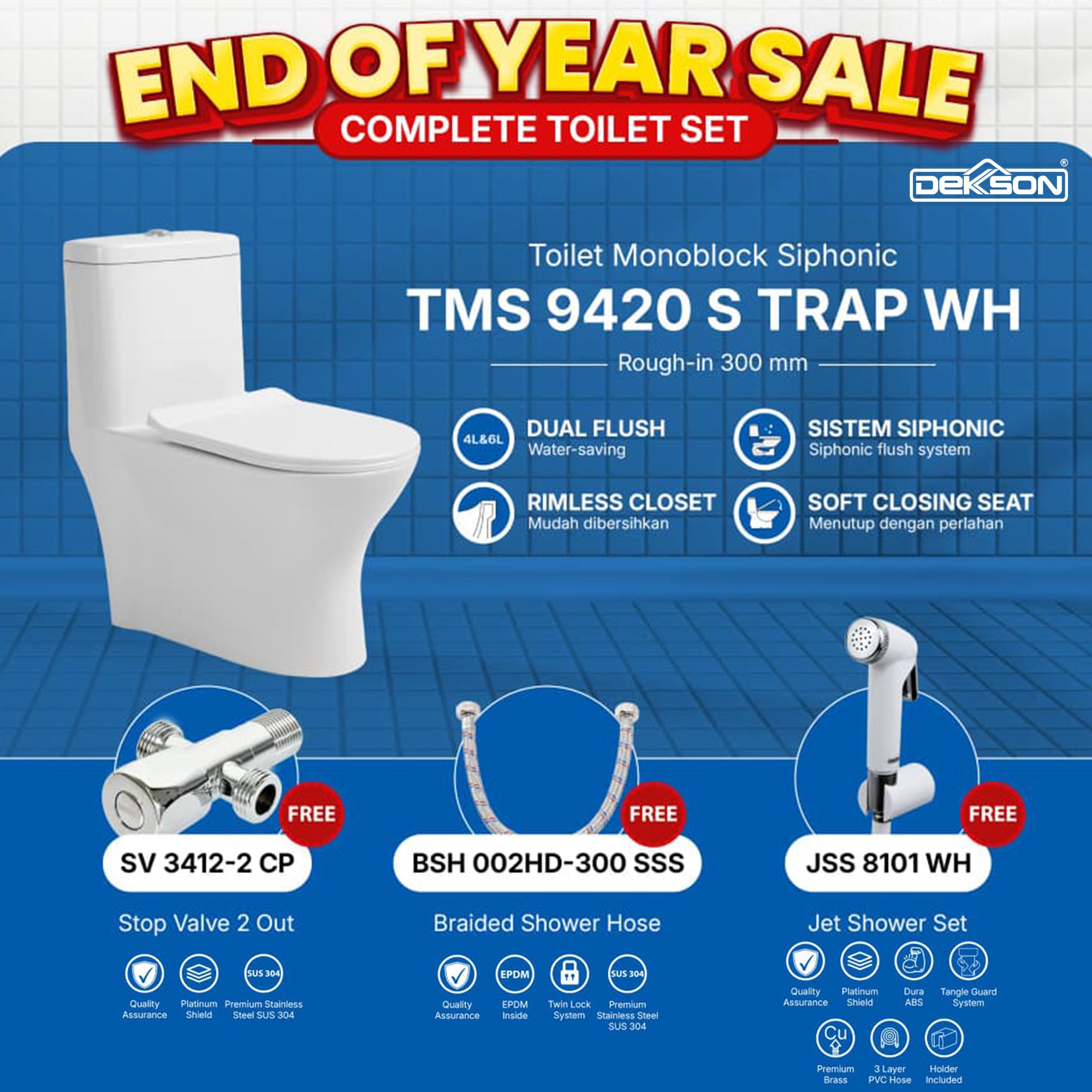 Kloset Toilet Monoblock Siphonic TMS 9420 S Trap WH FREE Stop Valve 2 Out - Shower Hose - Jet Shower Set
