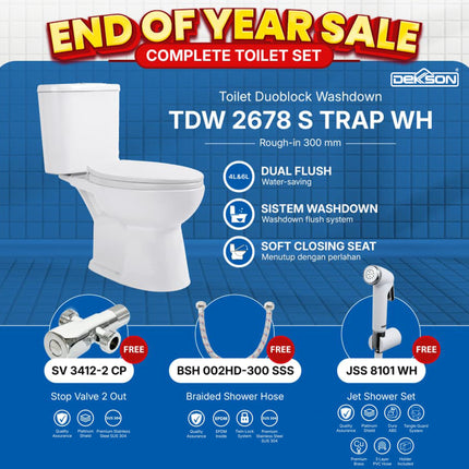 Kloset Toilet Duoblock Washdown Dekkson TDW 2678 S Trap WH FREE Stop Valve 2 Out - Shower Hose - Jet Shower Set