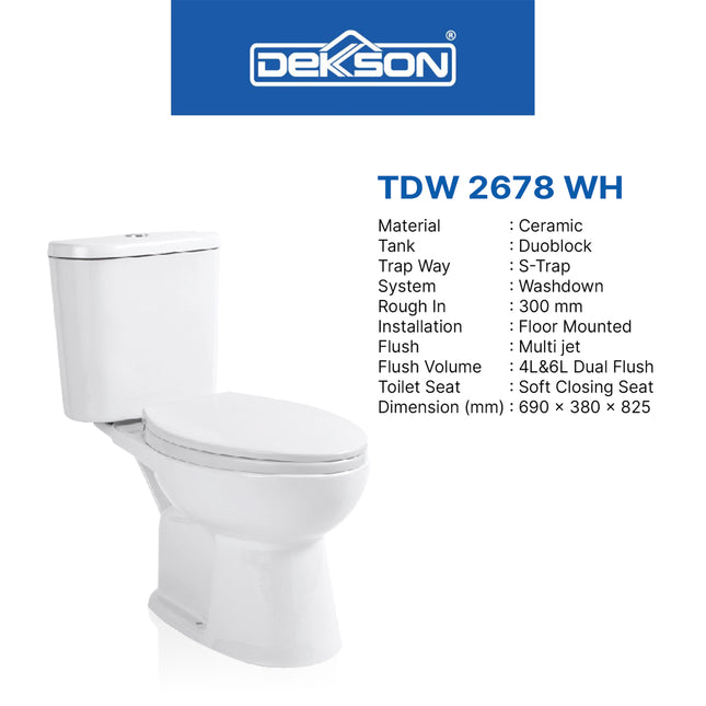 Kloset Toilet Duoblock Washdown Dekkson TDW 2678 S Trap WH FREE Stop Valve 2 Out - Shower Hose - Jet Shower Set